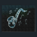 Saxophon und Musiknoten Puzzle<br><div class="desc">ein modernes, blauer und schwarzer Freier Stil, der in Weiß eines Saxophons mit Musiknoten zeichne. Musikinstrument in Schwarz und Blues.</div>
