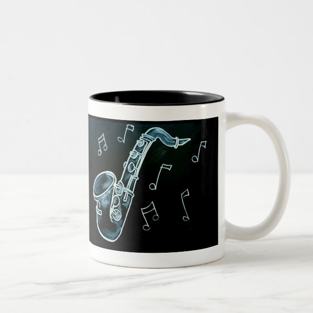 Saxophon und Musiknoten Zweifarbige Tasse (Rechts)