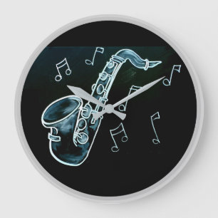 Saxophon und Noten Große Wanduhr