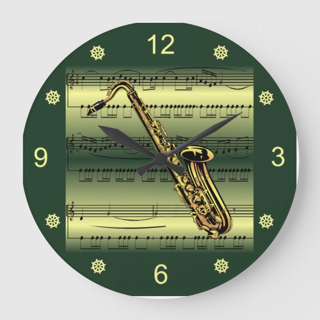 Saxophon~Walzblatt Musik~Gold/grüner Hintergrund Große Wanduhr (Vorderseite)