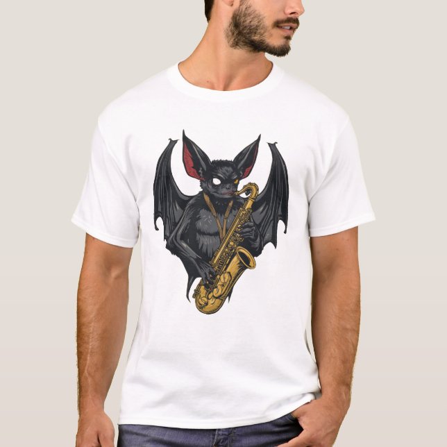 Saxophone Bat: Jazz Vibes in Dunkler Kunst T-Shirt (Vorderseite)