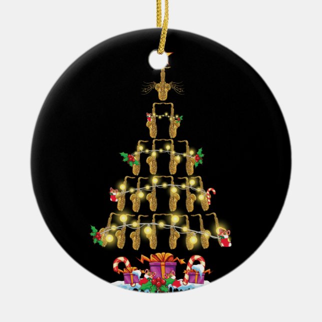 Saxophone-Baumhut im Schnee Weihnachtsdekoration Keramik Ornament (Vorne)