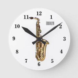 Saxophone Cartoon Illustration Runde Wanduhr