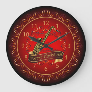 Saxophone ~ Frohe Weihnachten ~ Maroon & Black ~ Große Wanduhr