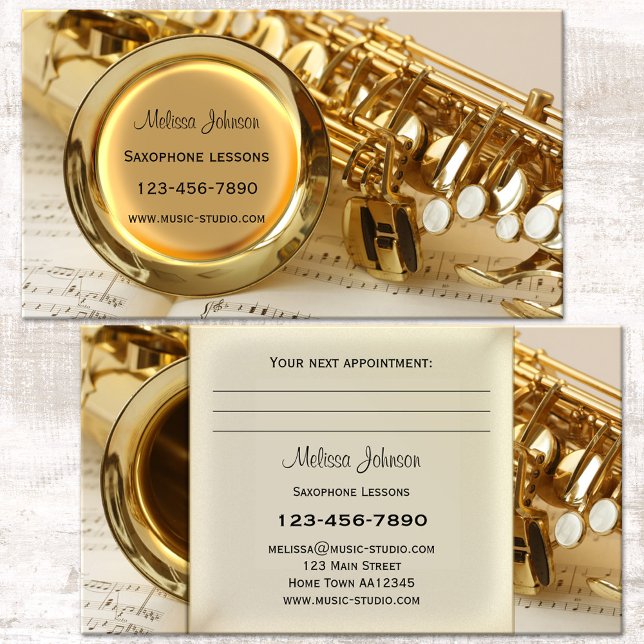 Saxophone Lektionen Terminierung Visitenkarte Terminkarte (Saxophone music teacher appointment business card featuring a saxophone in gold)