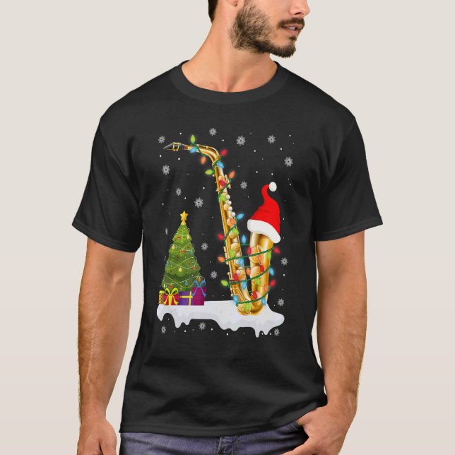 Saxophone Music Lover Xmas Lights Santa Saxophon T-Shirt (Vorderseite)