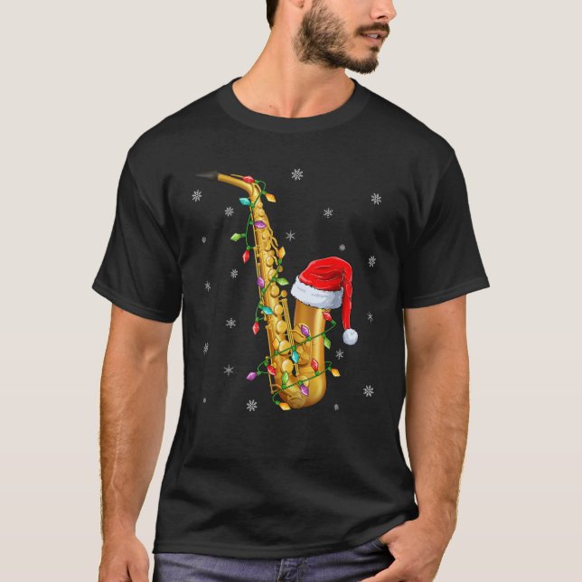 Saxophone Music Lover Xmas Lights Santa Saxophon T-Shirt (Vorderseite)
