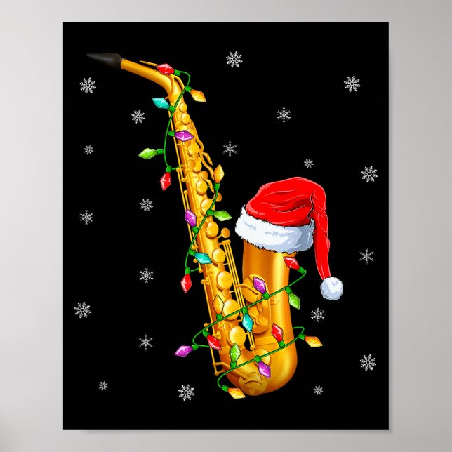 Saxophone Music Lover Xmas Lights Santa Saxophone  Poster (Vorne)