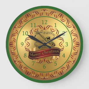 Saxophone: Musical Scroll: Merry Christmas Große Wanduhr