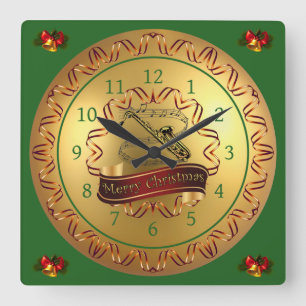Saxophone: Musical Scroll: Merry Christmas Quadratische Wanduhr