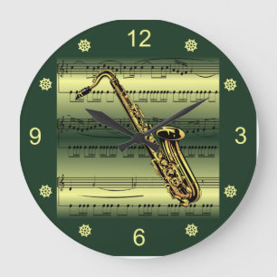 Saxophone~Rolled Sheet Music~Gold/Green Background Große Wanduhr