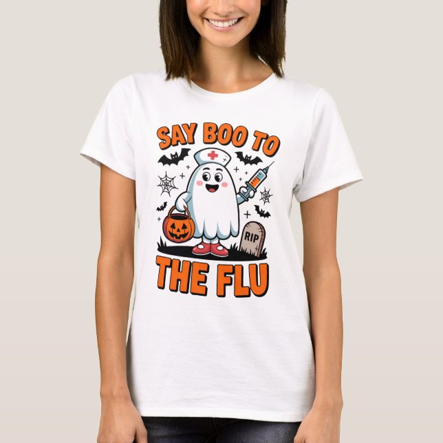 Say Boo zum Griechisch Funny Halloween Nurse Docto T-Shirt (Vorderseite)