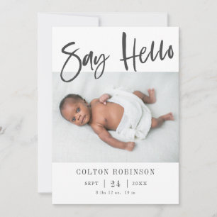 Say Hello Modern Calligraphy Baby Foto Birth Ankündigung