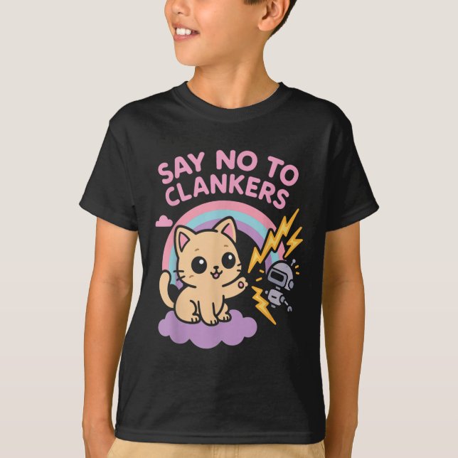 Say No To Clankers Anti Ai Robots Cute Kitten Rain T-Shirt (Vorderseite)