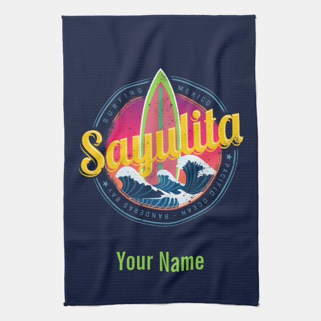 Sayulita Mexico Surfer Vintag Wave Sunset Bigwave Geschirrtuch (Vertikal)