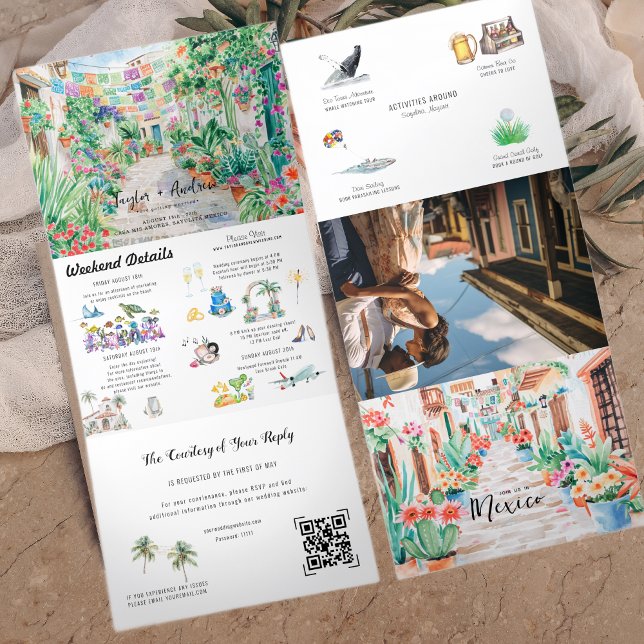 Sayulita Mexiko Zielort | Illustrierte Hochzeit Dreifach Gefaltete Einladung (Von Creator hochgeladen)
