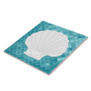 Scallop Muschel auf Aqua Sea Glass Muster Fliese