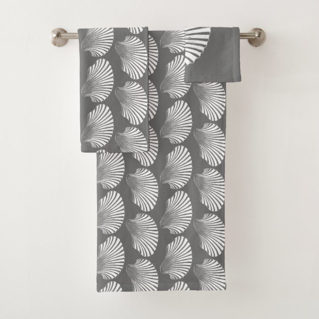 Scallop Muschel Block Print, grau / grau und weiß Badhandtuch Set (Insitu)