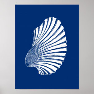 Scallop Muschel Blockdruck, Navy Blue und White Poster