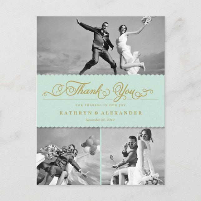 Scalloped Band und Script Foto Hochzeit Vielen Dan Postkarte (Vorderseite)