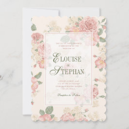 Scalloped Edge Pink & Green Vintage Roses Wedding Einladung
