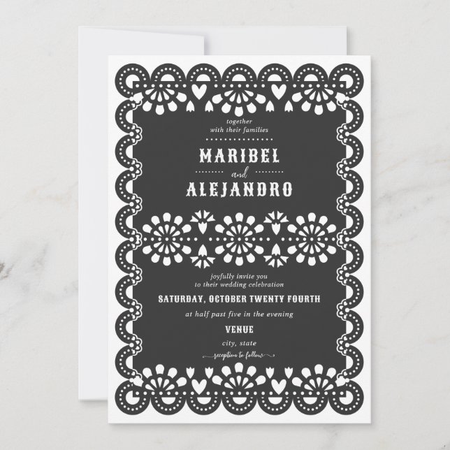 Scalloped Mexico Papel Picado Schwarze Hochzeit Einladung (Vorderseite)