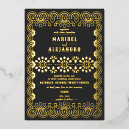 Scalloped Mexico Papel Picado Schwarze Hochzeit Folieneinladung