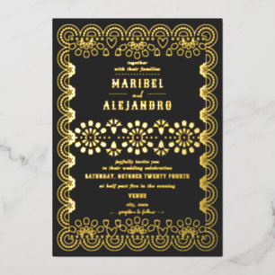 Scalloped Mexico Papel Picado Schwarze Hochzeit Folieneinladung