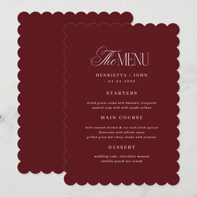 Scalloped Old Money Burgundy Wedding Menu Card Einladung (Vorne/Hinten)