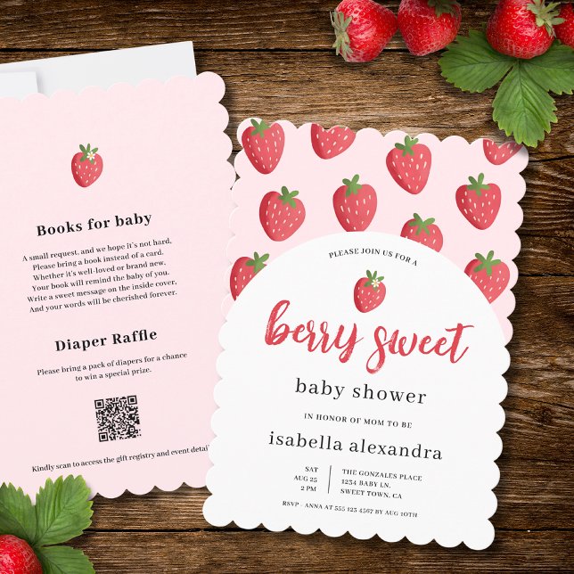 Scalloped Pink Berry Sweet Strawberry Baby Shower Einladung (The front and back of the invitation is shown in 5x7-inch with a scalloped frame. )