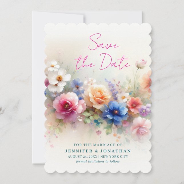 Scalloped Watercolor Flowers Script Save The Date (Vorderseite)