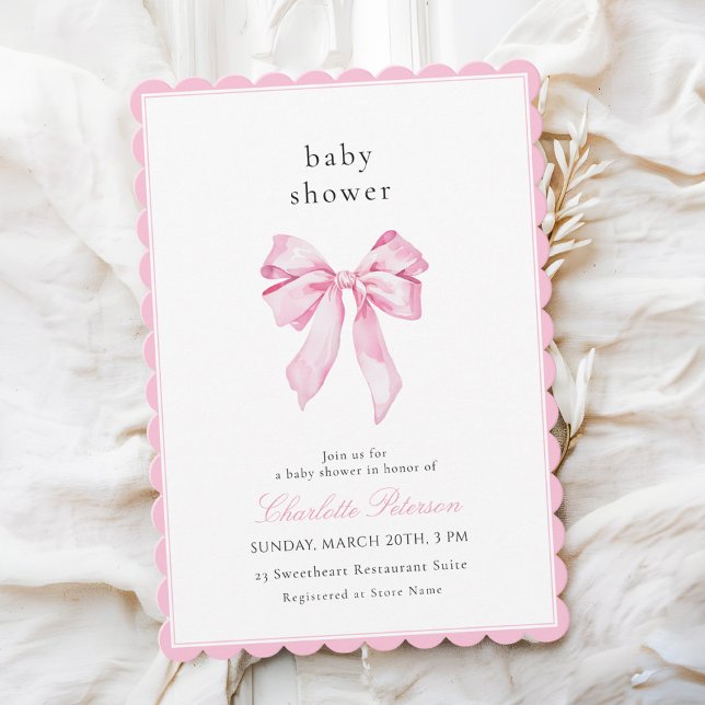 Scallopped Pink Bow Baby Shower Invitation Einladung (Von Creator hochgeladen)