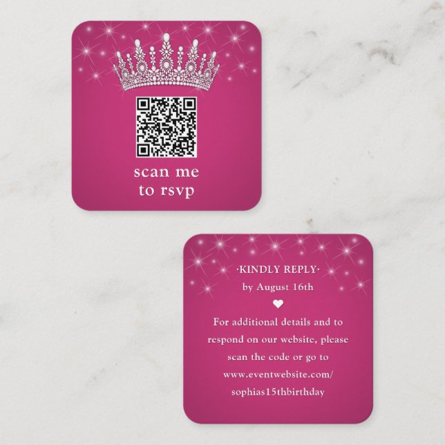 Scan Me QR RSVP Quinceañera Crown Fuschia Pink Begleitkarte (Vorne/Hinten)