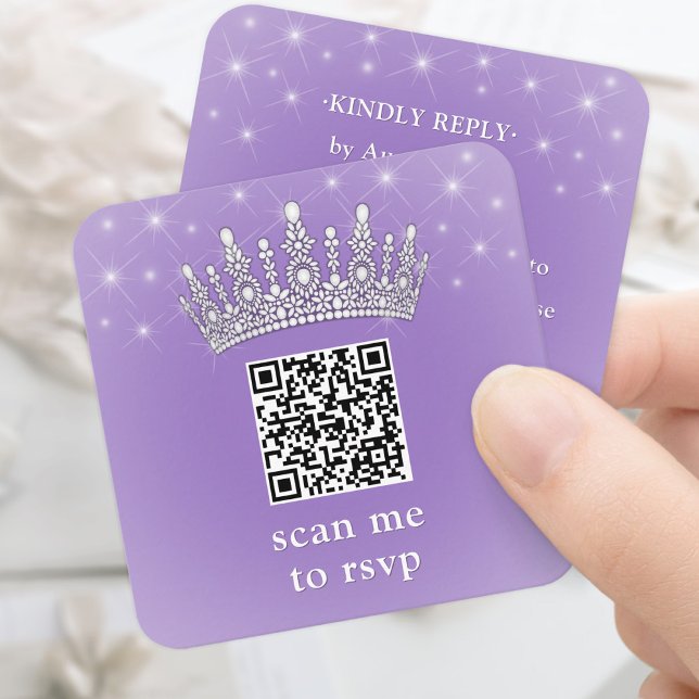 Scan Me QR RSVP Quinceañera Crown Lilac Purple Begleitkarte (Von Creator hochgeladen)