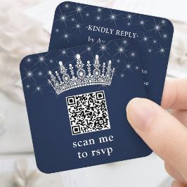 Scan Me RSVP QR Code Quinceañera Crown Navy Blue Begleitkarte