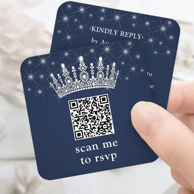 Scan Me RSVP QR Code Quinceañera Crown Navy Blue Begleitkarte (Von Creator hochgeladen)