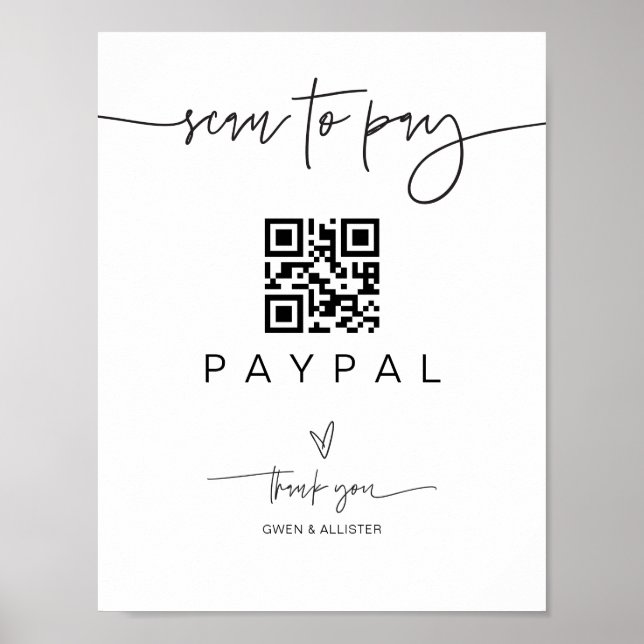 Scan-Pay QR-Code-Zeichen für Hochzeitsurkunde Bar Poster (Vorne)