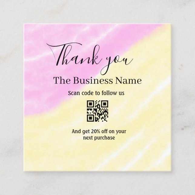 Scan QR to follow us thank you discount code pink  Quadratische Visitenkarte (Vorderseite)