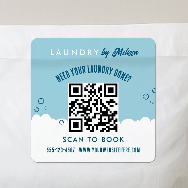 Scan To Book Laundry Service Blue & White QR Code Quadratischer Aufkleber (Modern laundry service marketing stickers with scannable QR code)
