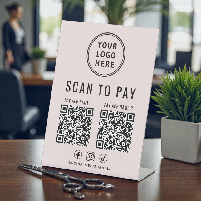 Scan to Pay 2 QR Codes Business Logo Pink Sockelschild (Scan to Pay 2 QR Codes Business Logo Pink Pedestal Sign)