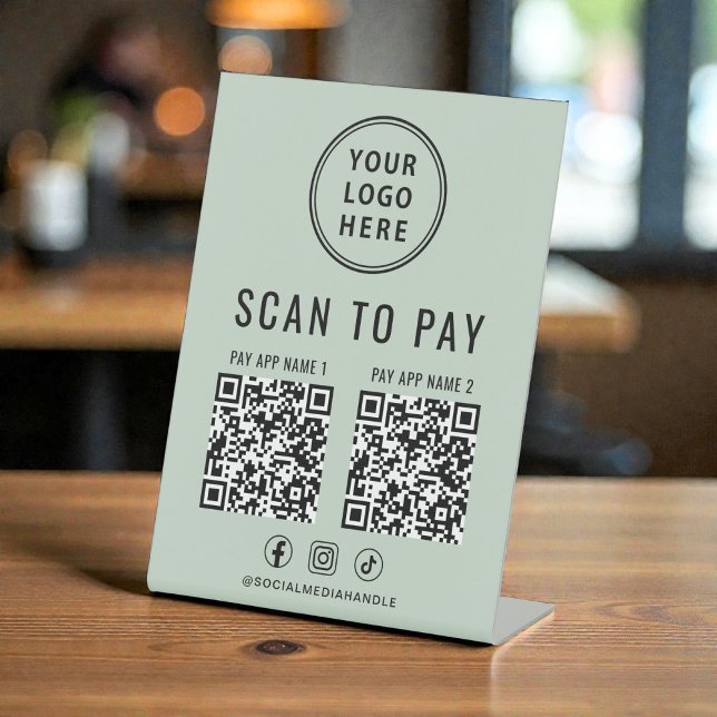 Scan to Pay 2 QR Codes Business Logo Sage Green Sockelschild (Scan to Pay 2 QR Codes Business Logo Sage Green Pedestal Sign)