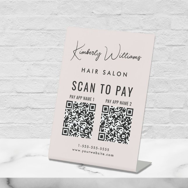 Scan to Pay 2 QR Codes Business Script rosa Sockelschild (A QR code sign to effortlessly connect your customers to your payment platforms)