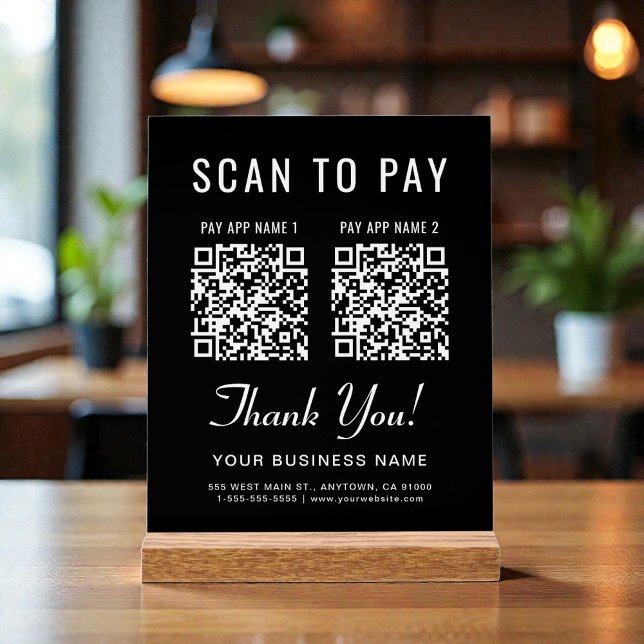 Scan to Pay 2 QR Codes Tabletop Black Acrylschild (Scan to Pay 2 QR Codes Tabletop Black Acrylic Sign)