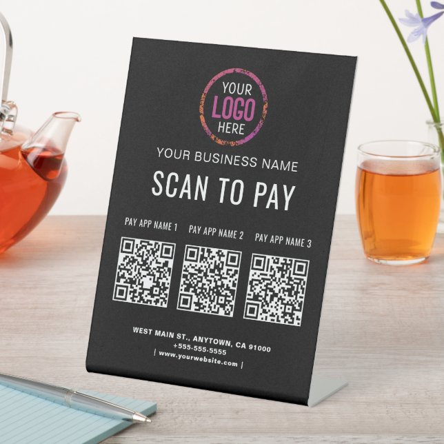 Scan to Pay 3 QR Codes Business Logo Pedestzeichen Sockelschild (In Situ)