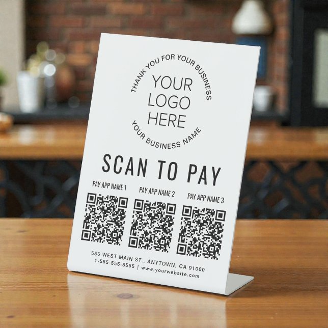 Scan to Pay 3 QR Codes - Business-Logo Sockelschild (Scan to Pay 3 QR Codes Business Logo Pedestal Sign)