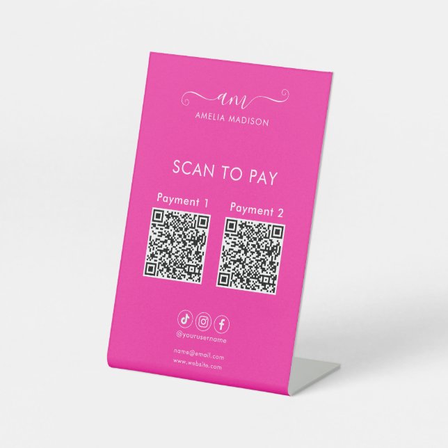 Scan To Pay Business Qr Code Vibrant Pink Sockelschild (Vorderseite)