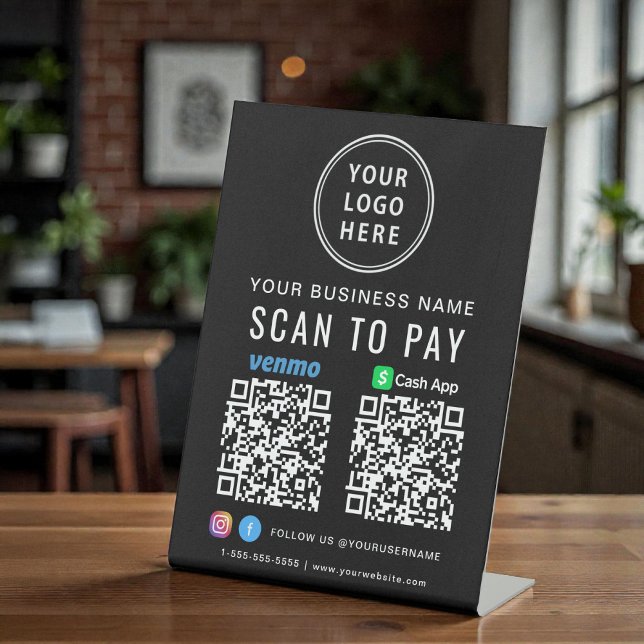 Scan to Pay Logo CashApp Venmo QR Codes Black Sockelschild (Scan to Pay Logo CashApp Venmo QR Codes Black Pedestal Sign)