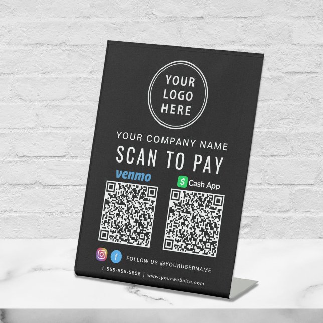 Scan to Pay Logo CashApp Venmo QR Codes Black Sockelschild (Our versatile QR Code sign enables you to receive payments anytime, anywhere)