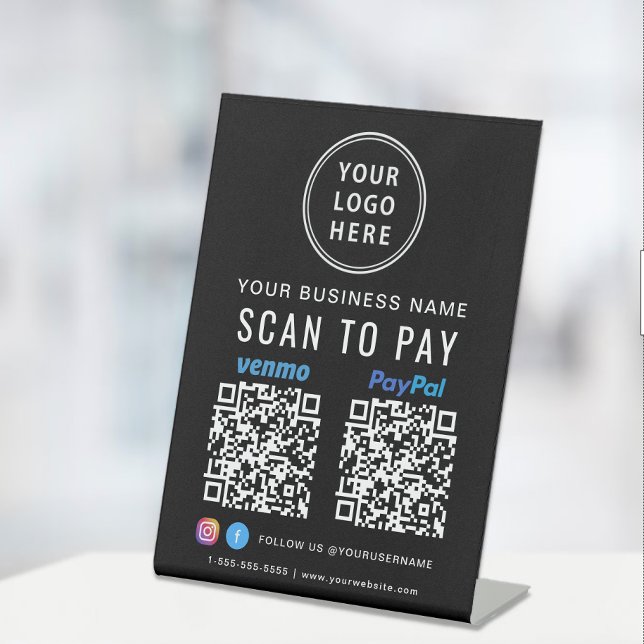Scan to Pay Logo Paypal Venmo QR Codes Black Sockelschild (A QR code sign to effortlessly connect your customers to your payment platforms)