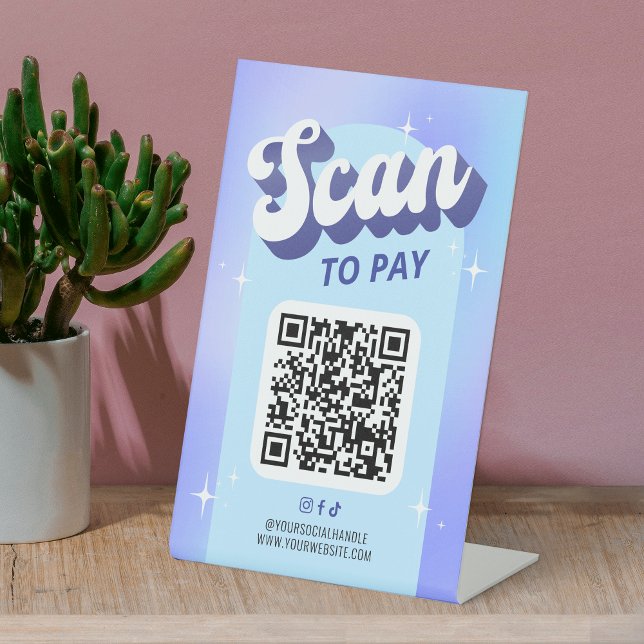 Scan to Pay Trendy Retro Holographic Style QR Code Sockelschild (Trendy scan to pay QR code pedestal sign with retro fonts in groovy style design)